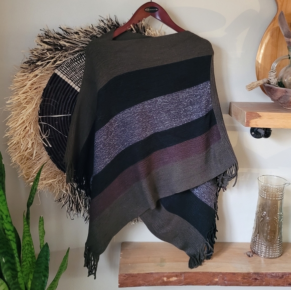 One Size Poncho Sweater with Stripes and Fringe - Picture 2 of 2